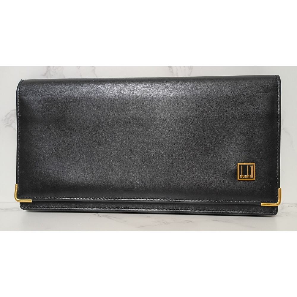 DUNHILL Vintage Oxford Black Leather Long Bifold Wallet with Gold Trim - EUC